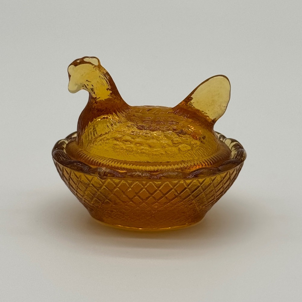 Amber Glass L.E. Smith Mini Hen on Nest Salt Cellar Honey Gold Vintage 2.5"
